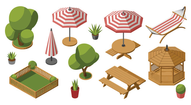 Isometric garden furniture vector set, outdoor chairs, tables, benches, patio, backyard, terrace, balcony, deck, seating arrangements, cozy outdoor design, flat and isometric vector illustrations 