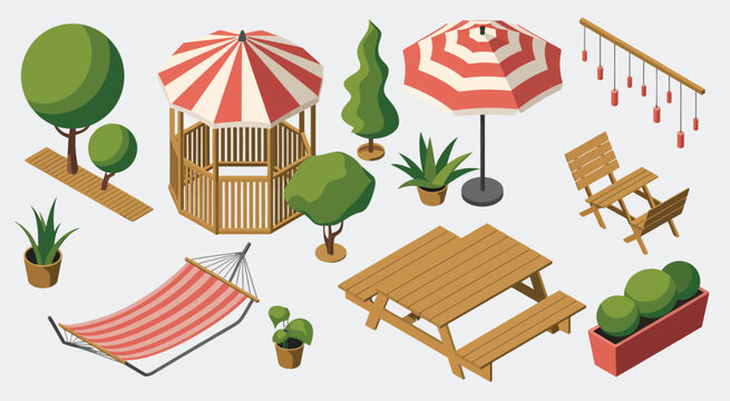Garden furniture vector set, isometric outdoor chairs, tables, benches, patio and terrace design, backyard seating, deck arrangement, balcony furniture, vector illustrations for apps, websites, 