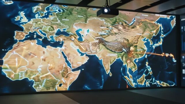 Large Digital World Map Projection Showing Global Routes.