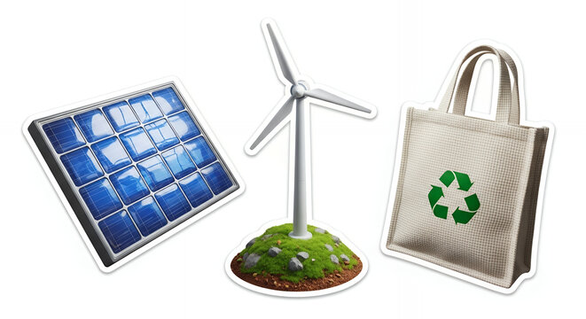 Illustrative set of green energy icons solar panel, wind turbine, and eco-friendly reusable bag, representing sustainability, renewable power, and environmental conservation