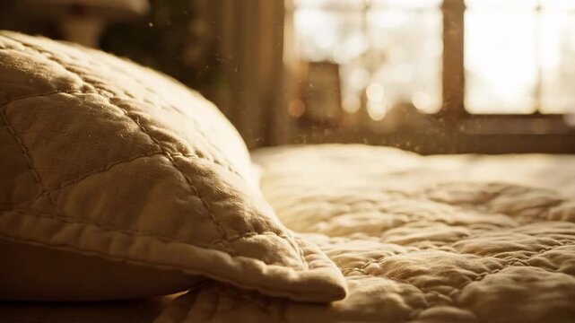 Soft beige pillow resting on a quilted bedspread with sunlight streaming through a window, creating a warm and inviting atmosphere in a cozy bedroom
