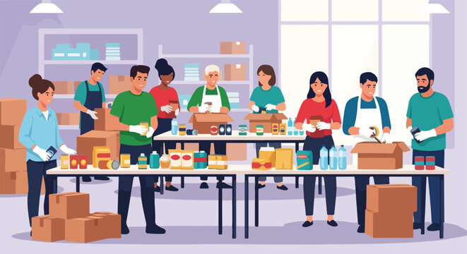 Diverse volunteers package essential goods for community support