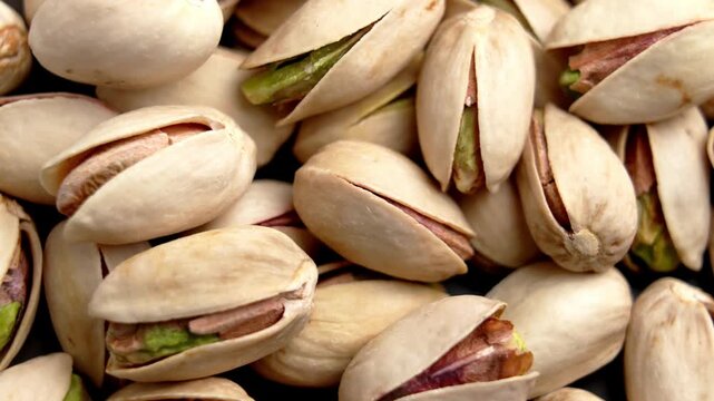 Pistachio nuts in shells with exposed green cores. Plant based protein source. Natural vegan food ingredient. Macro