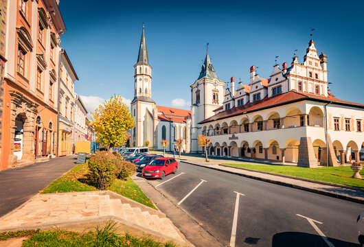Attractive summer view of historic Town Hall of Levoca and church of St. James. Spectacular afternoon cityscape of principal town of Levoca District in the Preshov Region of eastern Slovakia, Europe.
