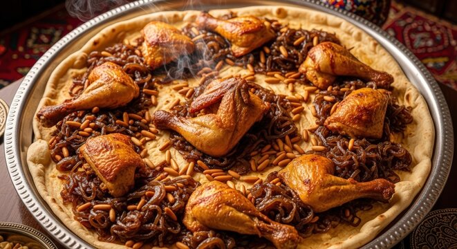 Traditional Musakhan Palestinian chicken dish with sumac onions and pine nuts served on taboon bread