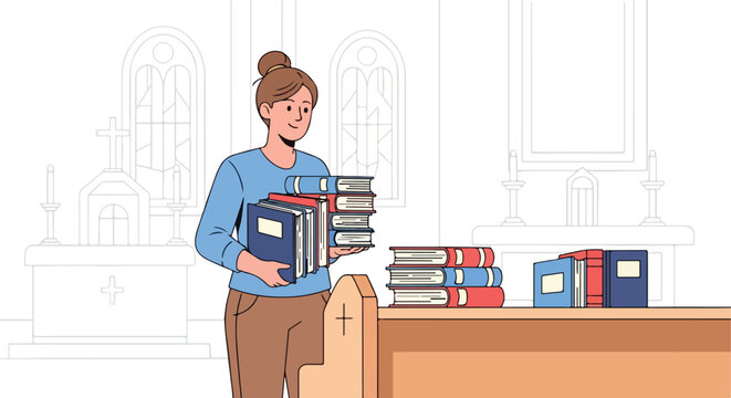 Woman with books inside a church, organizing library shelves
