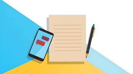Illustration of a smartphone with messaging icons next to a piece of paper and a pen