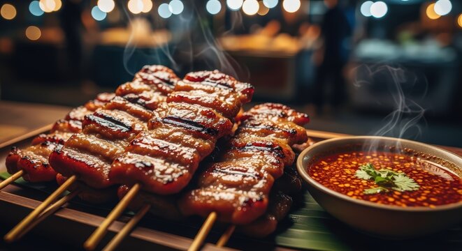 Steaming hot Thai Moo Ping grilled pork skewers with spicy dipping sauce, a popular street food snack