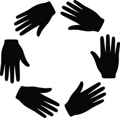 Obraz premium Circle of six black silhouette hands with open palms on a white background group unity