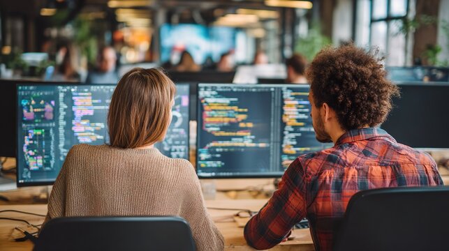Two individuals, engrossed in a discussion in front of computer monitors displaying lines of code. The setting seems to be a modern office or workplace setting