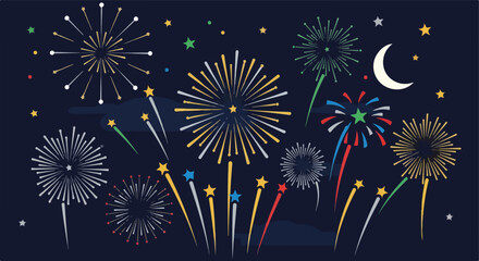 Naklejka premium Colorful fireworks burst across a dark night sky with a crescent moon