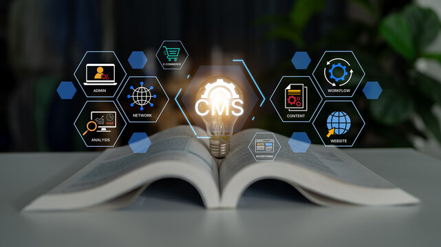 Concept of a Content Management System (CMS). A platform for website administration, digital content creation, workflow management, and e-commerce integration. Fermion