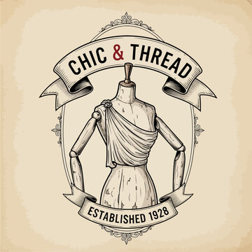 Chic & Thread Tailor's Mannequin Logo Established 1928 with Draped Cloth and Ribbon on a Textured Beige Background