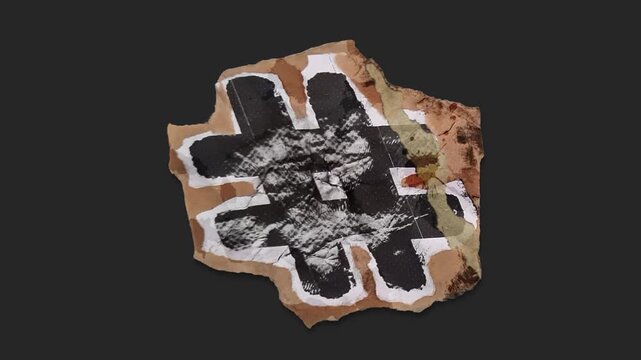 A drag and drop symbol with alpha in a grunge torn creased up paper and card style that folds out in to place with worn aged effects and paper tears.
