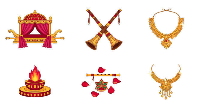 Indian Wedding Icons Set Doli, Jewelry, and Musical Instruments for Traditional Ceremonies