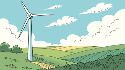Obraz premium Wind turbine standing in a green rural landscape under a blue sky with clouds, featuring a clean comic book style line art illustration.