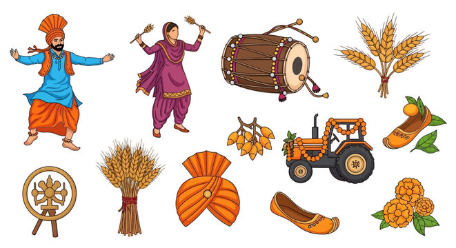 Punjabi Cultural Elements Collection Vibrant Illustrations of Bhangra Dancers, Harvest Festival Symbols, Traditional Attire, and Festive Decorations for Celebration