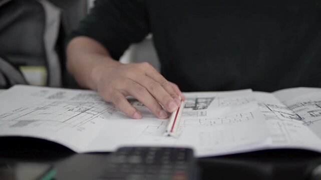 Architect designer drawing close-up. Professional architect working, making notes in new house project, blueprint plan, drafting building. Architect using Ruler and Pencil to make Blueprints on Paper.