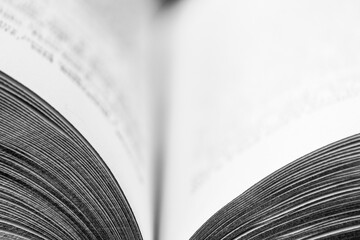 Fototapeta premium Macro image of open book with hint of printing and very limited focus