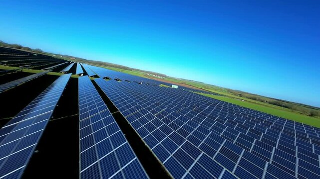 FPV drone low pass over rural solar panel array and agrivoltaic energy farm in the UK