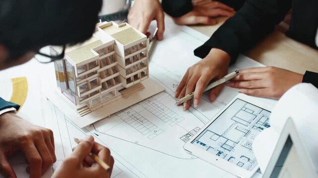 architects are reviewing the building plan draft, the project commissioned by the client, and the custom design. a group of businesspeople talking about blueprints when brainstorming in a meeting.