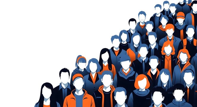 Illustration of a diverse crowd of people in orange and blue