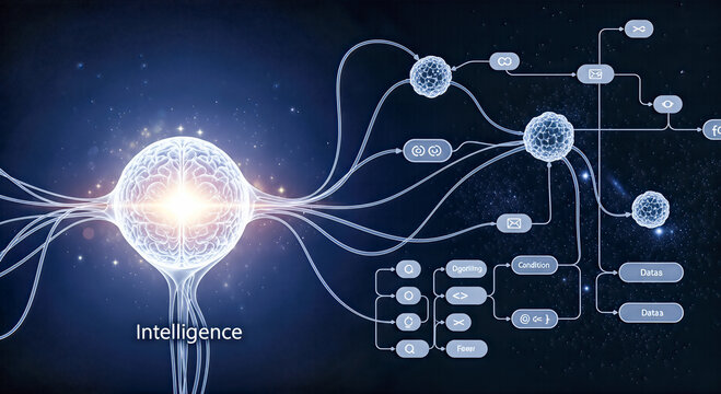 artificial intelligence glowing digital brain neural network flowchart connection diagram deep learning cybernetic technology cyber space futuristic science innovation virtual data logic concept