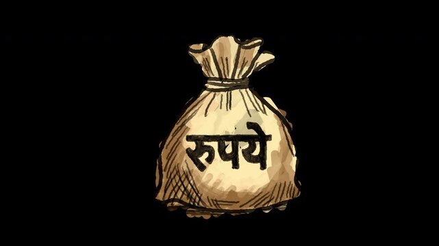 4K animated video of a hand drawn watercolor money bag with Hindi Rupees text, alpha transparent