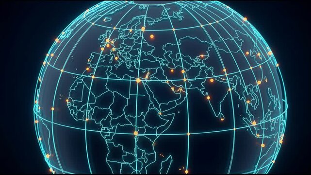 Glowing digital globe with gridline network nodes highlighting global connection data flow and technology in futuristic blue orange design