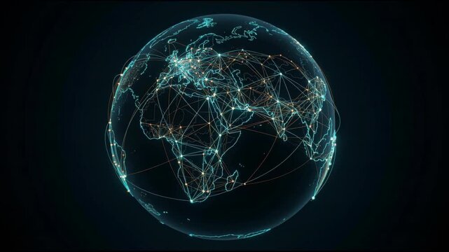 Neon globe network with connected nodes and lines forming digital map. glowing network connection across continents, data lines and nodes map global