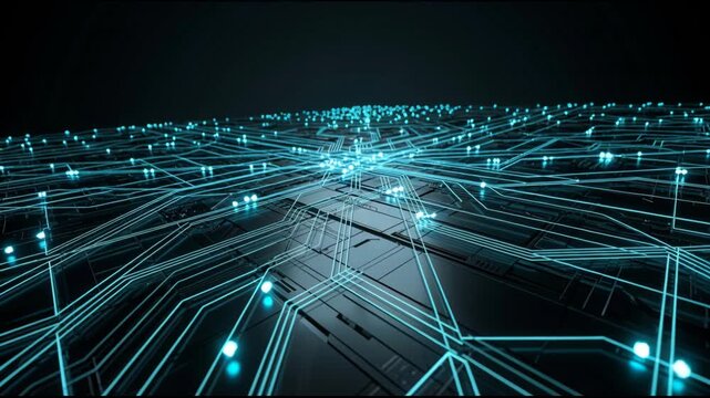 Futuristic circuit board network with glowing blue trace and luminous nodes forming dynamic board of connectivity and motion