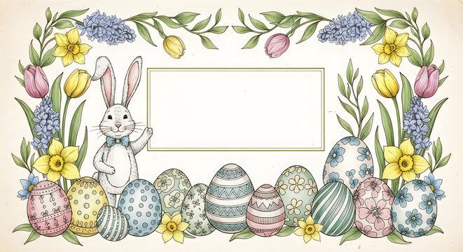 Easter bunny and eggs border with flowers, Easter decoration