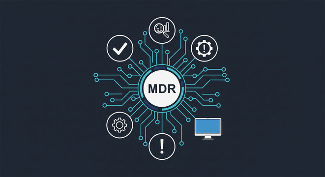 Digital security system with cybersecurity icons and 'MDR' text in a central hub.