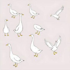 Fototapeta premium A group of white geese in various poses on a light pink background