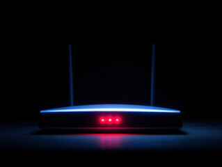Modern wireless router with glowing blue light and red indicator lights in dark setting for technology concept