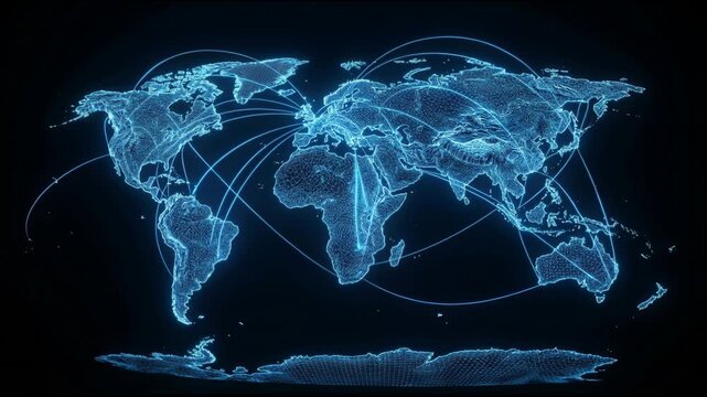 Holographic digital world map with glowing network connections, travel arcs and data exchange conveying global communication, technology