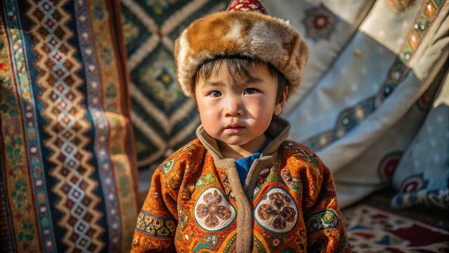Kazakh Child in Traditional Embroidered Clothing and Fur Hat