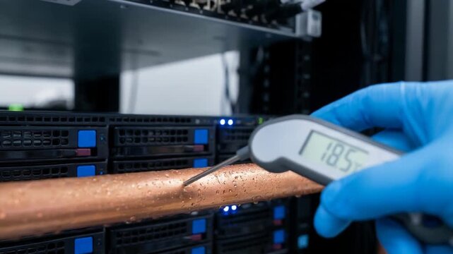 Maintenance cooling distribution unit cdu in ai center data center server technician measuring copper pipe temperature with temperature probe