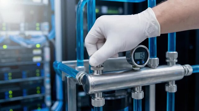 Industrial maintenance cooling maintenance distribution network for ai center cdu units server rack technician hand adjust stainless pipe gauge