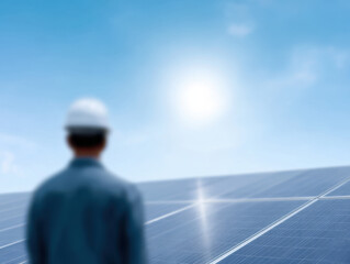 Solar panel surface reflecting sunlight with worker wearing helmet inspecting renewable energy system outdoors