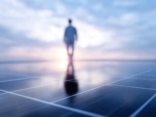 Solar panel surface reflecting sunlight with blurred person silhouette and sky background at sunset
