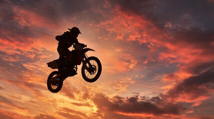 Obraz premium Silhouetted motocross rider performing jump against sky