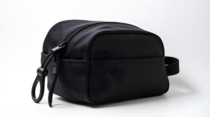 Naklejka premium Sleek black leather toiletry bag, perfect for travel and organizing personal grooming essentials on a clean backdrop