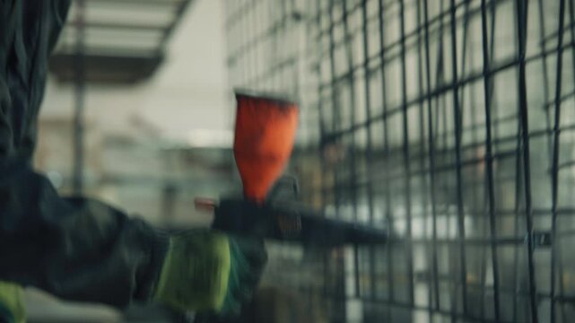 Factory worker applying protective powder coating on metal grid