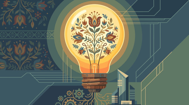 Creative organic innovation concept with vintage light bulb, nature flowers, and technical blueprint