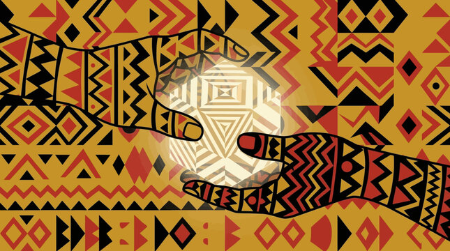 Glowing geometric data cube in hands with indigenous tribal pattern background