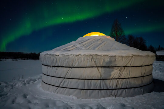 yurd with northern lights