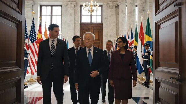 Delegation Walking Through Flag Lined Ceremonial Hallway.