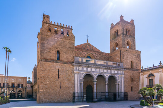 Facade of Monreale Cathedral, Arab-Norman masterpiece in Sicily