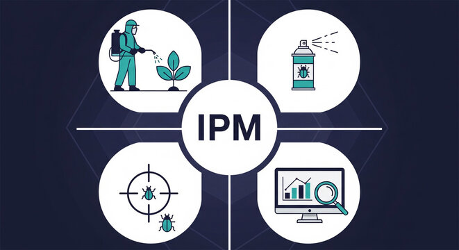Integrated Pest Management concept graphic with four key elements: spraying, monitoring, analysis, and prevention.